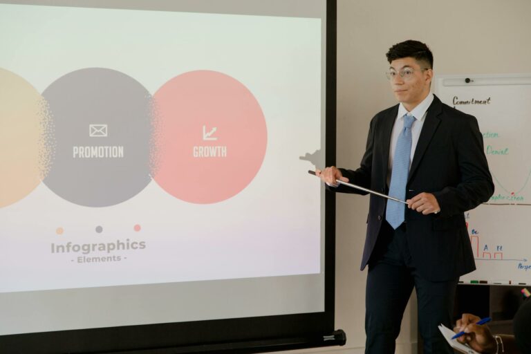 Confident businessman presenting infographics on promotion and growth during a meeting.